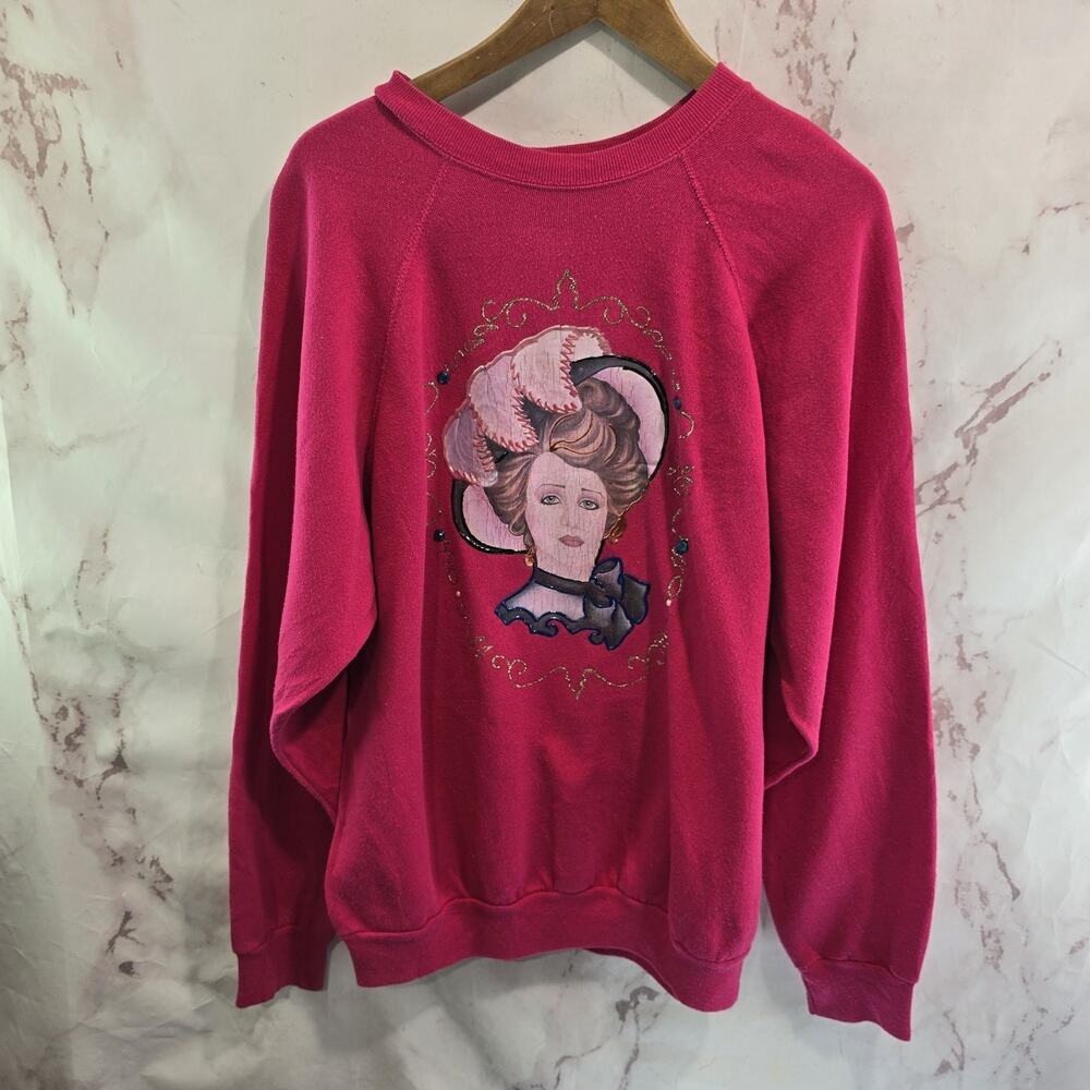 Vintage Sweatshirt Womens 2X Pink 90s 1890s Lady Iron On Victorian 57811 Woman